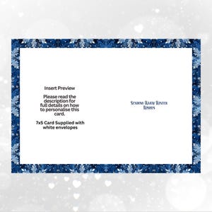May include: A rectangular greeting card with a dark blue border featuring a white leaf and snowflake pattern. The center contains the text: Insert Preview, Please read the description for full details on how to personalise this card, 7x5 Card Supplied with white envelopes, and Sending Warm Winter Wishes.