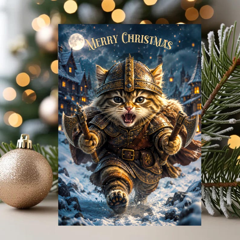 May include: A greeting card featuring a tabby cat dressed as a Viking warrior in ornate armor and a helmet, holding two small axes. The cat is running through a snowy village at night under a full moon. The text Merry Christmas is at the top.