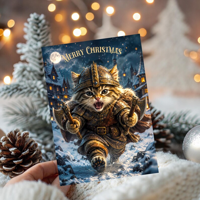 May include: A rectangular greeting card featuring a brown tabby cat dressed in detailed metal Viking armor and a helmet, holding two small battle axes. The cat is running through a snowy village at night under a full moon with Merry Christmas text.