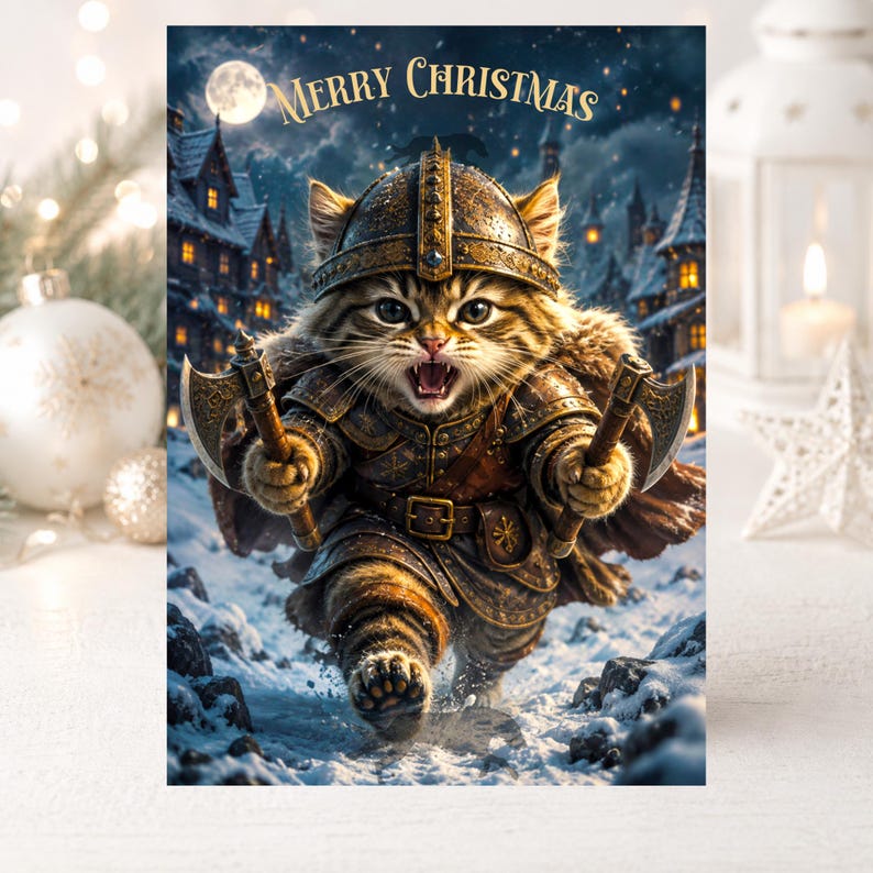 May include: A greeting card featuring a tabby cat dressed as a warrior in ornate bronze armor and a helmet, holding two small axes. The cat is running through a snowy village at night under a full moon. The text Merry Christmas is at the top.