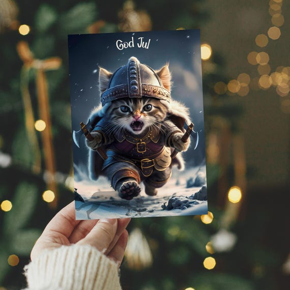 Viking Cat Yule Card: Pagan Christmas God Jul Card