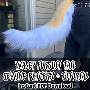 May include: A white and tan furry tail with a black belt with silver eyelets. The text "WACCY FURSUIT TAIL SEWING PATTERN + TUTORIAL" and "Instant PDF Download" is below the tail.