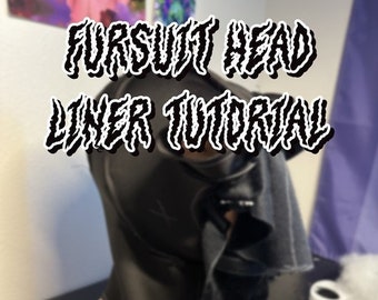 May include: A black fursuit head with a dark gray liner is displayed on a wooden head form. Text on the image reads "FURSUIT HEAD LINER TUTORIAL" and "Learn how to line heads like a pro!" with a patreon.com URL.