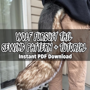 May include: A person wearing brown trousers with a wolf fursuit tail attached. The tail is brown and white with a black tip. The text "WOLF FURSUIT TAIL SEWING PATTERN + TUTORIAL Instant PDF Download" is displayed on the image.