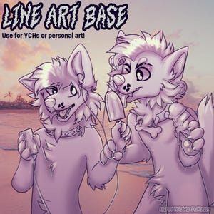 May include: Line art base featuring two anthropomorphic wolf characters enjoying popsicles on a beach. The image has text that reads "LINE ART BASE" and "Use for YCHs or personal art!" The background shows a sunset over the ocean.