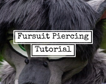 May include: A close-up of a gray furry head with green eyes. The text "Fursuit Piercing Tutorial" is written in black on a white background.