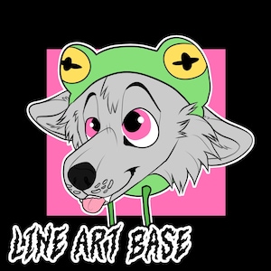 Puede incluir: Un lobo gris con ojos rosas que lleva un gorro de rana verde con ojos amarillos. El lobo está sacando la lengua. La imagen está sobre un fondo rosa con el texto "LINE ART BASE" en negro en la parte inferior.