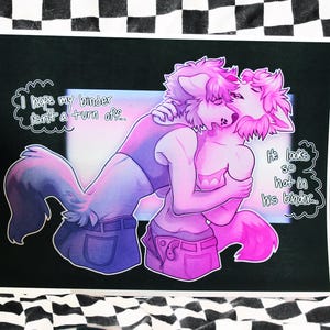 May include: Illustration of two anthropomorphic wolf-like characters embracing. One is colored in shades of blue and purple, the other in pink. Text on the image reads, "I hope my binder isn't a turn off..." and "He looks so hot in his binder."