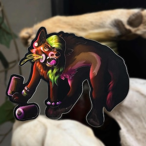 May include: A sticker of a cartoon wolf with green hair, wearing a black studded collar and holding a can of spray paint. The wolf has a pink nose and tongue, and its eyes are red. The sticker is on a black background.