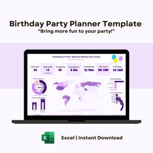 Puede incluir: Una pantalla de computadora portátil que muestra una plantilla de planificador de fiesta de cumpleaños en Excel. La plantilla incluye un mapa del mundo, gráficos y diagramas con datos sobre los invitados a la fiesta, incluyendo el número total de invitados, nacionalidades, edad promedio, distancia de viaje, edad de amistad, velocidad de respuesta RSVP y retraso de llegada. El texto "Celebrating 37 Years: Masoud's Birthday Party Guests" está en la parte superior de la pantalla. El texto "Excel | Instant Download" está debajo de la computadora portátil.