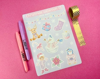 Cute pastel Christmas stickers, cute Christmas snowlady, penguin, gingerbread man, reindeer and other Christmas related stickers, cute xmas