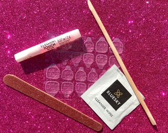 Press on nails application prep kit universal • nail glue adhesive, sticky tabs, manicure stick, file, alcohol wipe • stick on DIY at home