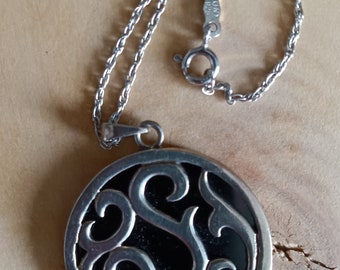 Tendril Filigree Round Black Onyx Pendant on Sterling Silver Chain