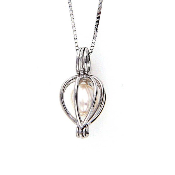 Solid Sterling Silver Heart Cage Pendant Necklace, White, Black, Pink, Lavender Freshwater Pearl Pendant Necklace, 925 Silver Cage Pendant