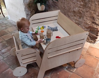 Montessori Holz Tisch & Stuhl Set für Kinder Wagon Wheel - Ergonomischer höhenverstellbarer Kleinkind Schreibtisch