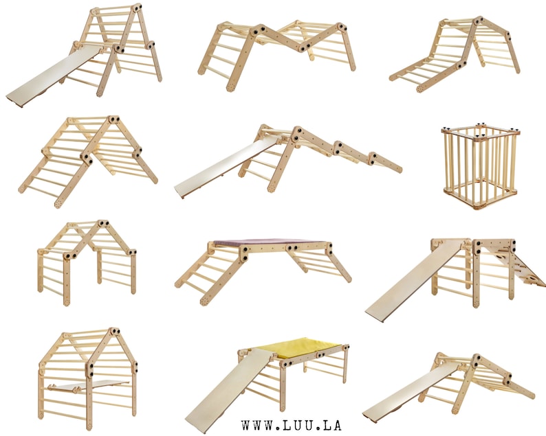 Klimdriehoek, klimplank en boog/wipwap SET: Opvouwbaar Montessori-meubilair voor ontwikkeling 2 triangles 1 ramp