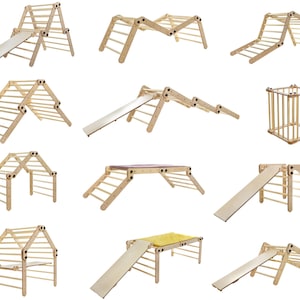 May include: A wooden climbing frame with various configurations, including a slide, a bridge, and a playhouse. The frame is made of natural wood and is designed for children to climb, play, and explore.