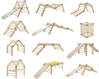 Juego de escalada triangular/trepador con tobogán/tabla de roca/rampa transformable, ajustable y plegable para parque infantil interior