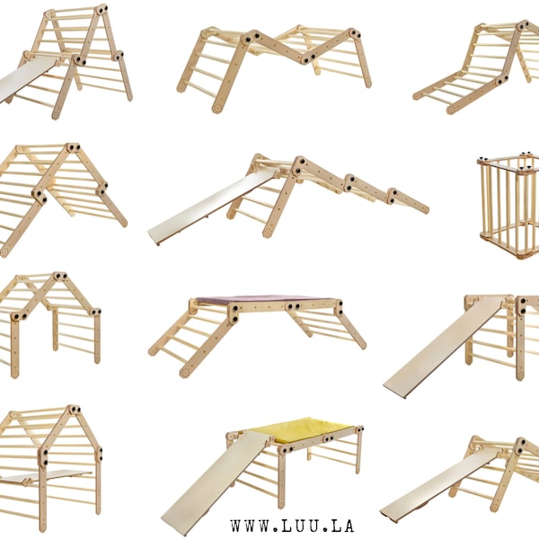 Ensemble Triangle d'escalade/grimpeur avec toboggan/planche rocheuse/rampe transformable, réglable et pliable, aire de jeux intérieure