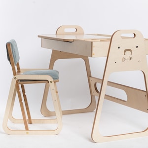 Adjustable multifunctional play, art and learning kids table and chair set Julle / wooden desk & chair set for Montessori activities