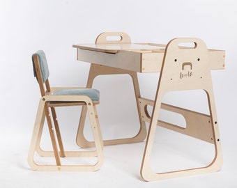 Adjustable multifunctional play, art and learning kids table and chair set Julle / wooden desk & chair set for Montessori activities