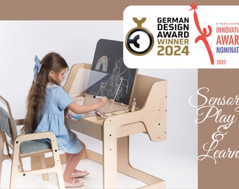 Adjustable Sensory Art and Learning Table and Chair Set with Chalk Blackboard, Clear Acrylic Board, and Sand Storage