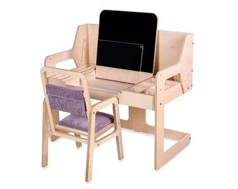 Bureau Montessori ajustable  avec tableau noir, tableau acrylique transparent et bac à sable pour l'art, le dessin, le bricolage et le jeu