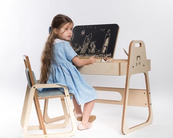 Ensemble table et chaise de jeu Montessori réglable pour enfants avec tableau noir craie, tableau en acrylique transparent et bac à sable pour l'apprentissage/meubles d'enfants