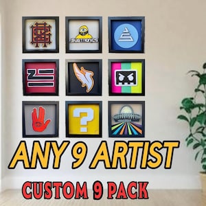 May include: Nine black framed squares with colorful images inside. The images include a logo with the text "Subtronics", a logo with the text "ANY 9 ARTIST CUSTOM 9 PACK", a logo with the text "Z", a logo with the text "?