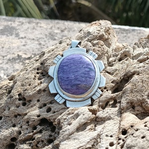 Charoite Southwestern Pendant, Sterling Silver, Boho Purple Stone Medallion