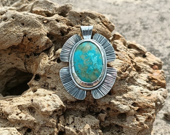 Turquoise Stamped Flower Pendant Sterling Silver Boho Ginkgo Leaf Charm