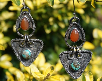 Cornalina y turquesa oxidados, pendientes estampados, plata de ley, hechos a mano