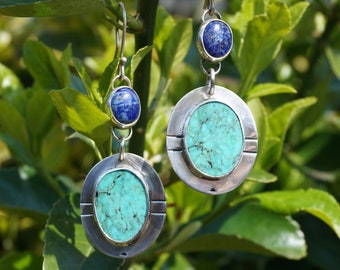 Turquoise and Lapis Lazuli Drop Earrings, Sterling Silver, Handmade