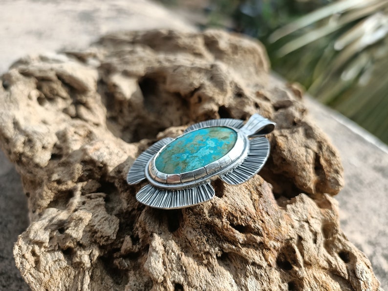 Turquoise Stamped Flower Pendant Sterling Silver Boho Ginkgo Leaf Charm