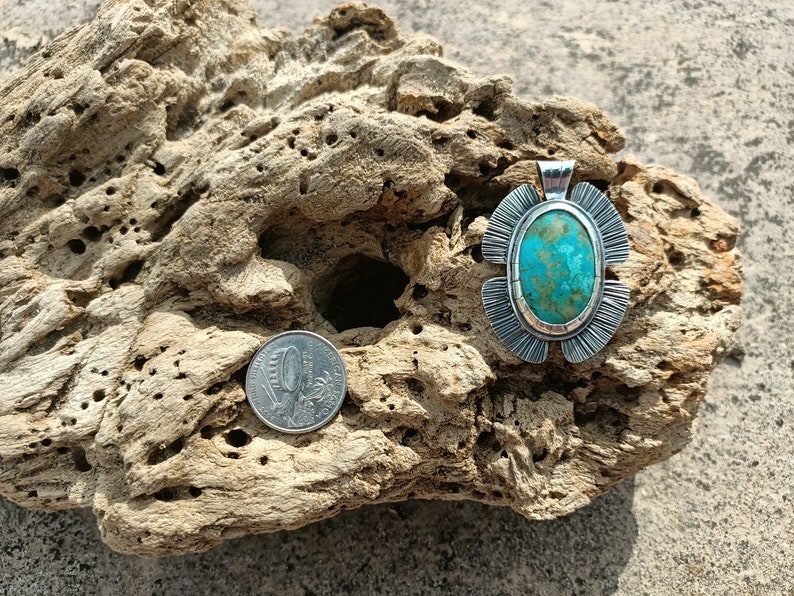 Turquoise Stamped Flower Pendant Sterling Silver Boho Ginkgo Leaf Charm