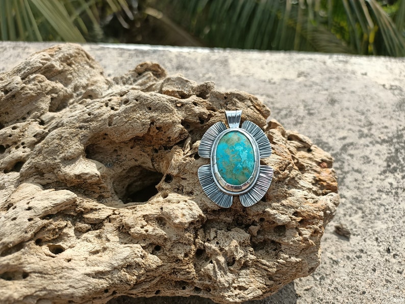 Turquoise Stamped Flower Pendant Sterling Silver Boho Ginkgo Leaf Charm