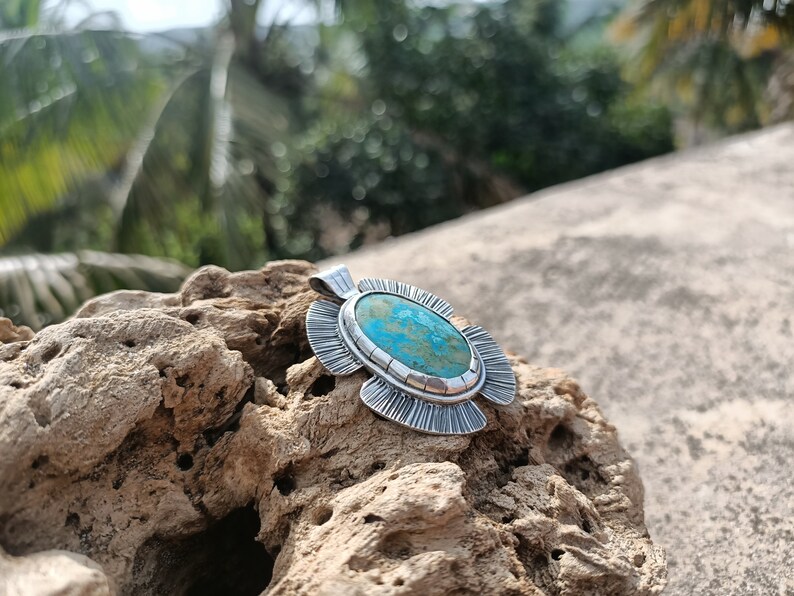 Turquoise Stamped Flower Pendant Sterling Silver Boho Ginkgo Leaf Charm