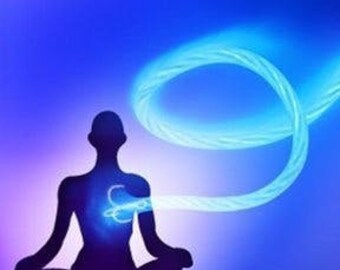 May include: Silhouette of a person in a seated meditation pose, with a glowing blue energy emanating from the chest and forming a looping design. The background transitions from purple to blue.