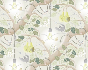 Pear tree forest Wallpaper with bats & Lightbulbs – Light Pastels: Green, beige