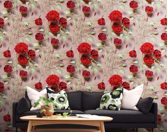 Ceramic Rose Wallpaper - Red roses, green vines, pink background