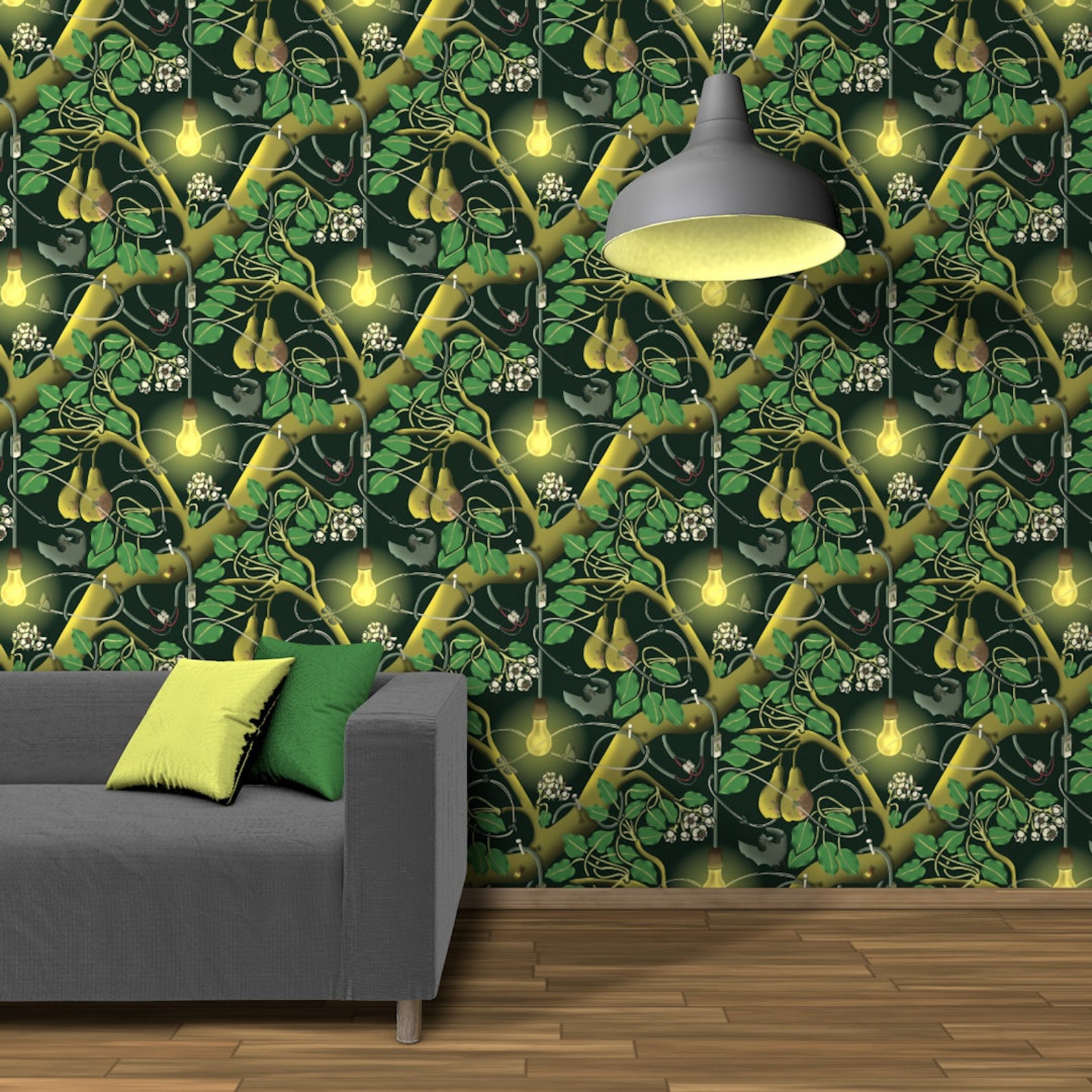 Pear Tree Forest Wallpaper With Bats & Lightbulbs Night - Etsy