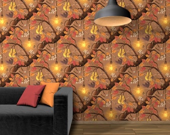 Pear tree forest Wallpaper with bats & Lightbulbs – Autumn Theme: Yellow and Orange