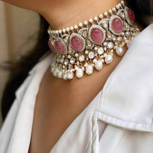 Carved Pink, Kundan CZ ,Carved Turquoise Mint/Designer Sabyasachi Jewelry Set/ Polki Choker,Carved Pink,Sabyasachi Inspired Jewelry Set