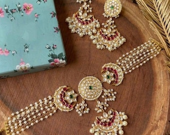 Ruby Red Emerald Kundan Choker Necklace Set - Chandbali Earrings