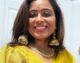 Silver Jhumka Earrings, Quartz Stone & Pearl Strings, Indian Jewelry