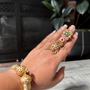 Anel Heritage/Anel de ouro/Anel duplo, Anel feito à mão, Anel com pedra, Anéis verdes, Anéis de fusão/Anéis de declaração/Anel grande/Anéis ajustáveis