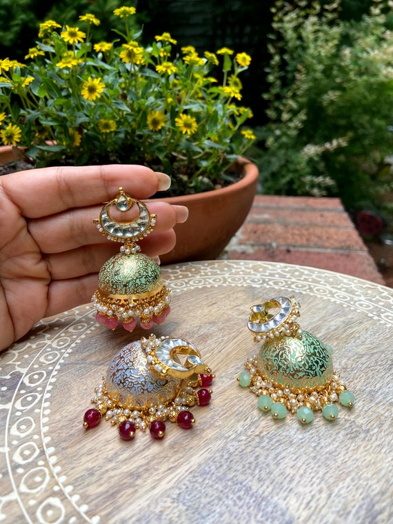 Jhumkas/indian Earrings/gold Jhumka Earrings/kundan Earrings/polki Earrings/wedding/gold  Cluster Dangle Earrings/yellow Gold Jumki Jhumka - Etsy
