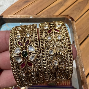 Kundan Gold Bangles/Kundan Bracelet//Openable Antique Gold Ruby Bangles bangle/Broad  Kada /Indian Bangles/Antique gold Kada/bridal bangles