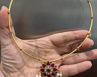Fusion Gold Hasli / Stone Studded Ethnic Fusion Sabyasachi inspired duck Motif Lotus Hasli Necklace with Stud Earrings Kundan set/Lotus Set/
