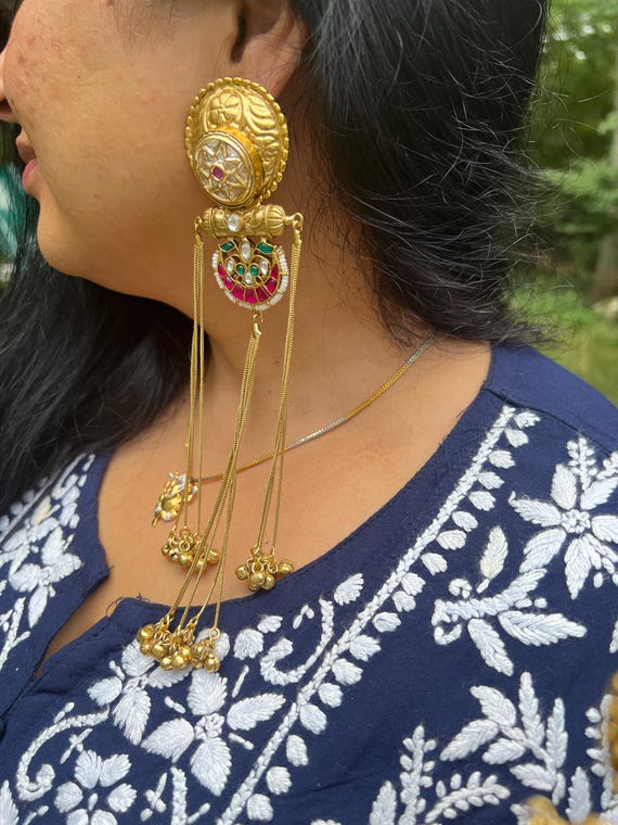 Kashmiri Kundan Dangle Earrings, Gold Ethnic Fusion Jewelry - Etsy